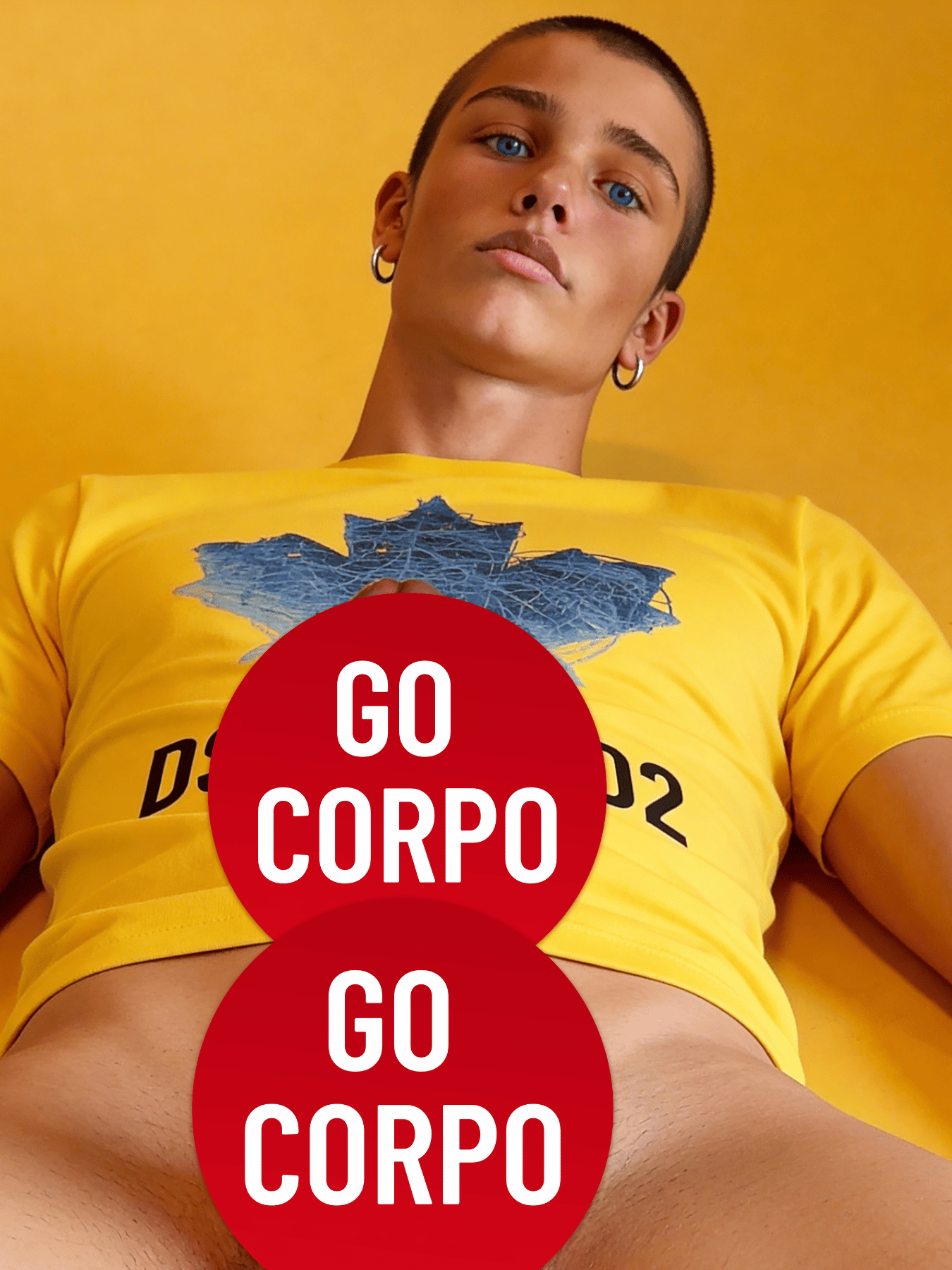 Diego Bergsen wrapped in yellow caution tape, muscular physique and intense gaze.