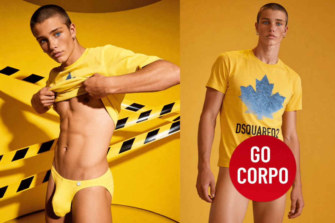 Diego Bergsen wrapped in yellow caution tape, muscular physique and intense gaze.